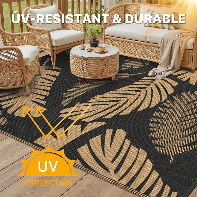 GENIMO Outdoor Rug, Waterproof Plastic Rugs for Patio, 9'x12' Black Brown | Outside Larger Leaf Carpet Mat for Porch Decor, Deck, Balcony, Camping, RV, Backyard, Picnic, Beach, Reversible, Foldable