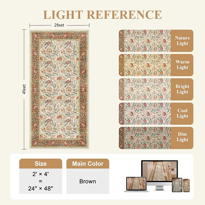 DUKINO 2x4 Rug, Washable Vintage Floral Entryway Rug Non Slip, Brown | Low Pile, Non-Shedding, Stain Resistant Boho Lightweight Soft Indoor Carpet for Kitchen Bathroom Hallway Laundry Farmhouse