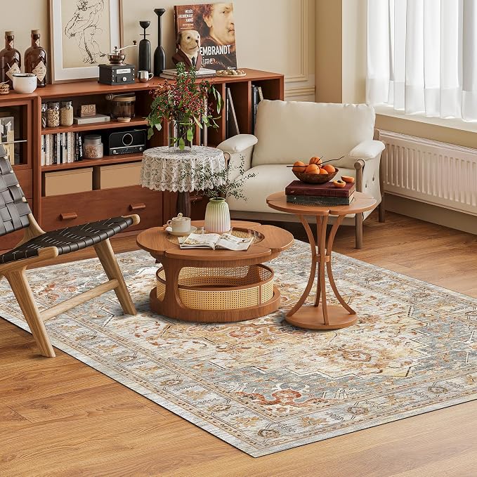 Washable Area Rug 6' x 9' Vintage Traditional Persian Mat - Foldable Distressed Non-Slip Machine Washable Carpet for Living Room Bedroom Kitchen Home Decor - Dove Gray and Coral