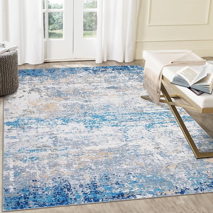 ROYHOME 4x6 Modern Abstract Rugs for Living Room, Blue/Grey | Stain Resistant Carpet Ultra Soft Indoor Floor Cover Accent Rug Low Pile Thin Rug for Bedroom Dining Room