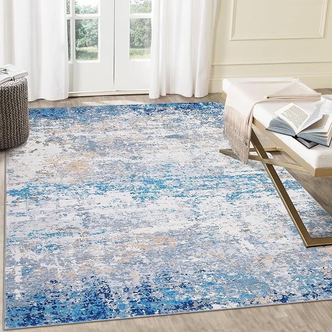 ROYHOME 5x7 Modern Abstract Faux Wool Rug, Blue/Grey | Ultra-Soft Low Pile Accent Rug Stain Resistant Carpet Machine Washable Rugs for Bedroom with Non Slip Backing