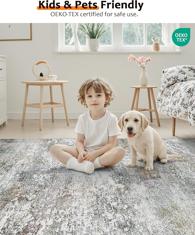 Art&Tuft Washable Rugs 5x7 - Stain Resistant Anti-Slip Backing Abstract 5x7 Area Rugs for Living Room, Foldable Machine Washable Area Rug(5'x7', Grey/Rust)