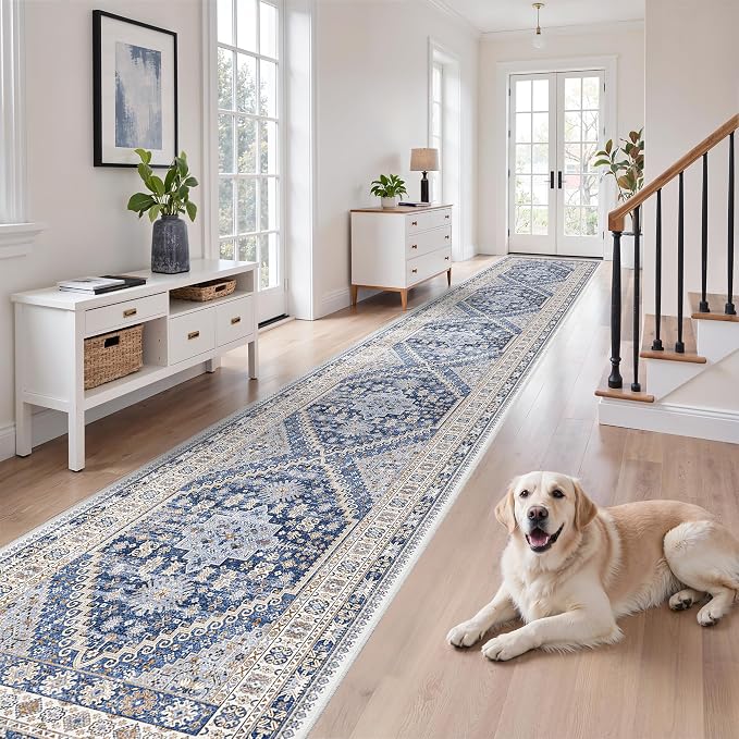 zesthome 3x14 Washable Runner Rug for Hallway, Non-Slip Long Hallway Runner for Entryway, Soft Vintage Kitchen Mats for Floor, Abstract Dining Room, Bedroom, Living Room Rugs(Blue/Beige,3'x14')