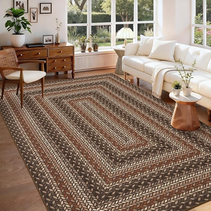 GarveeHome 8x10 Washable Living Room Area Rug Non Slip Braided Rugs | Low Pile Stain Resistant Dining Room Throw Carpet Indoor Outdoor Modern Bordered Area Rugs for Home Decor, Tan