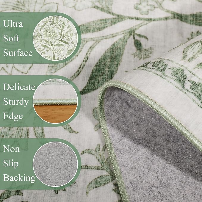 DUKINO 2x3 Rug, Washable Vintage Floral Bathroom Rugs Non Slip, Sage Green | Low Pile, Stain Resistant Boho Soft Indoor Door Mat, Small Front Door Carpet for Entryway Kitchen Laundry Bedroom Farmhouse