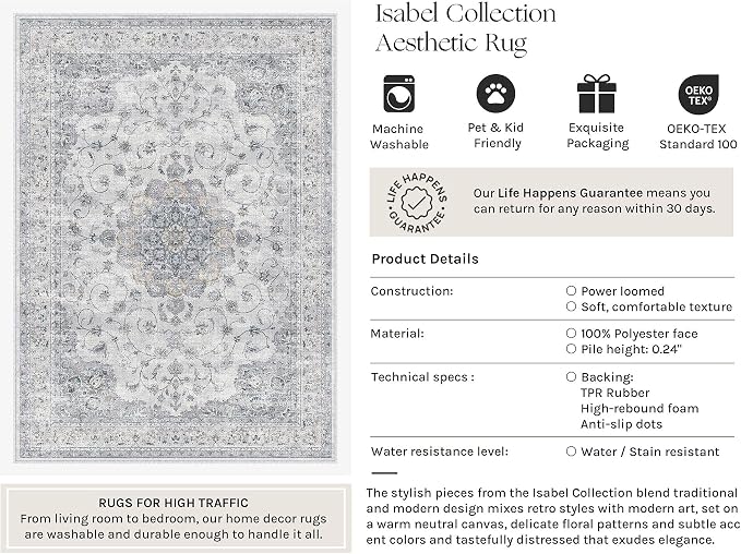 HUGEAR 10x12 Washable Rugs for Living Room Vintage Blue Bedroom Rug Soft Area Rug Non-Shedding Non-Slip Carpet Low Pile Dining Room Office Indoor Home Modern Decor