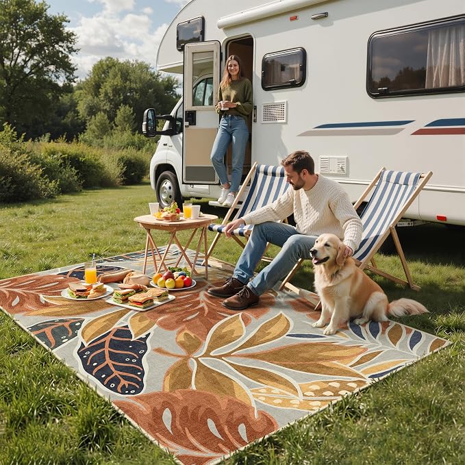 GENIMO 8x10 Outdoor Rug, Washable Quick Dry for Patio, Rust Ochre | Botanical leaf design for backyard; fade resistant chenille with quick-dry non-slip backing for indoor living rooms.
