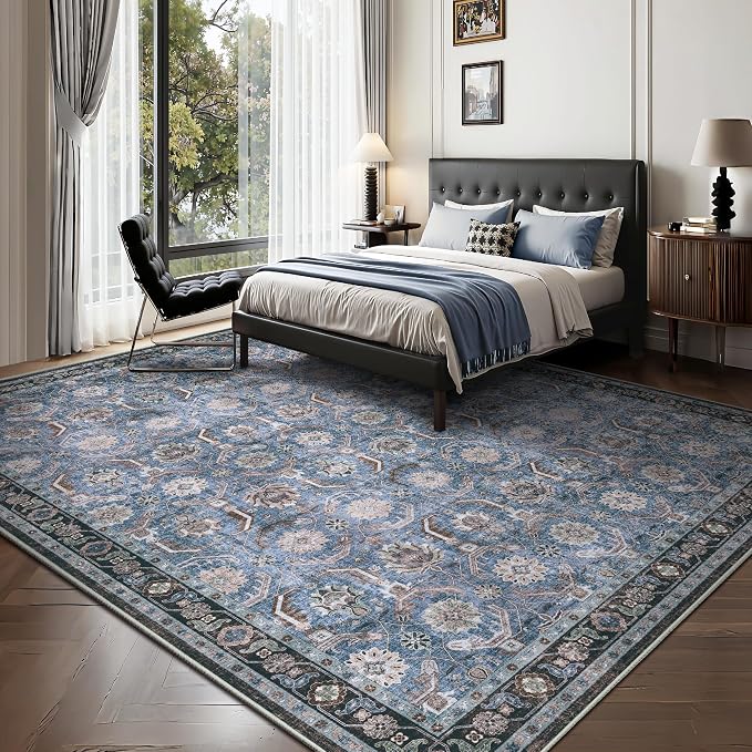 Living Room Rug 6x9, Soft Non Slip Low Pile Washable Rug, Boho Modern Area Rug for Bedroom, Dining Room, Blue