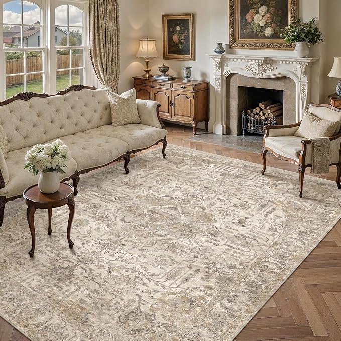 HUGEAR 8x10 Area Rug Beige Machine Washable Rug Room Decor Distressed Vintage Living Room Rugs Non Slip Low Pile Soft Carpet for Bedroom Dining Room Office Soft Lightweight