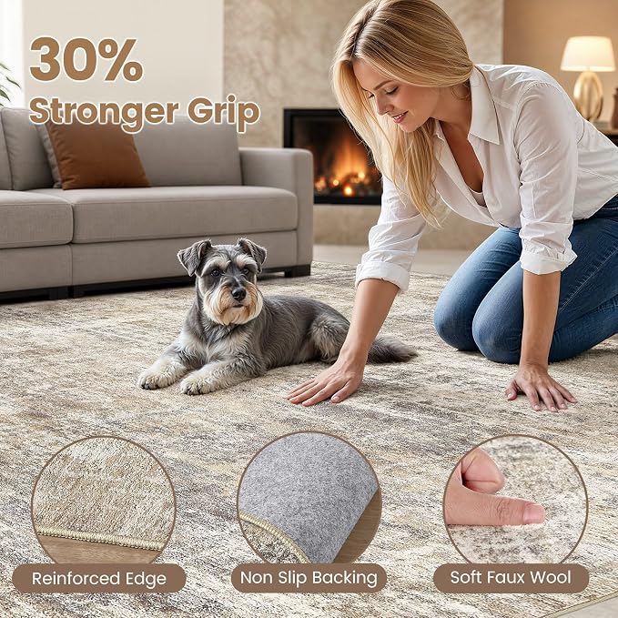cotiled Washable 9x12 Area Rug for Living Room - Modern Abstract Carpet with Non-Slip Backing, Low Pile & Soft, Stain Resistant, Kid & Pet Friendly Decor for Bedroom & Dining Room - Gold Brown