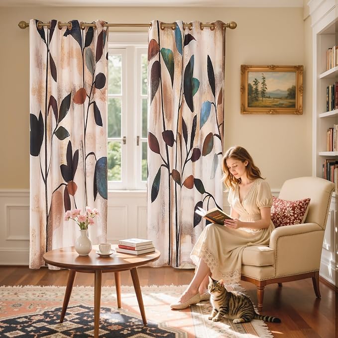 SUBRTEX Blackout Curtains 52Wx108L, Room Darkening Floral Curtains, Thermal Insulated 2 Panels Window Drapes, Boho Farmhouse Curtains for Living Room Bedroom Window Treatments, Brown