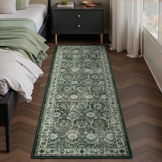 Runner Rug 2x6, Washable Non Slip Low Pile Kitchen Runner, Soft Boho Modern Rug for Hallways, Bedroom, Sage Green