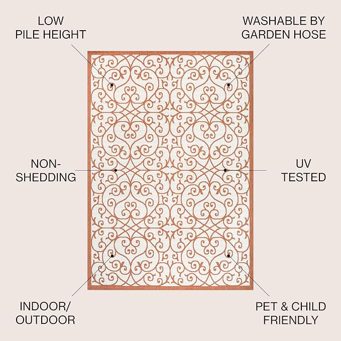 JONATHAN Y Vintage Filigree Indoor Outdoor Area Rug 8X10 Cream/Orange, Madrid Textured Weave for Backyard, Patio, Porch, Easy-Cleaning, High Traffic, Pet-Friendly, Non-Shedding (SMB107L-8)