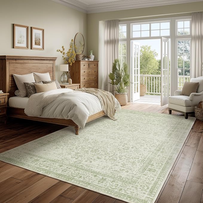 BILEEHOME Sage Green Rug for Bedroom,Boho Floral Print Washable Cottage Core 8x10 Area Rugs for Living Room,Light Green