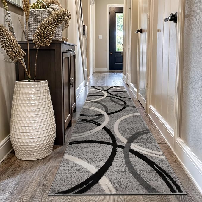 Rugshop Wavy Circles Jute Backing Living Room Runner Rug Gray 2'7" x 10'