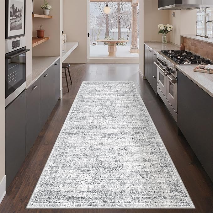 3x8 Runner Rug Non Slip,Washable Hallway Runner Rug,Grey | Neutral Rugs for Kitchen,Entryway,Bedroom,Bathroom,Nursery Room,Thin,Soft Runner Rug,Stain Resistant Indoor Carpet