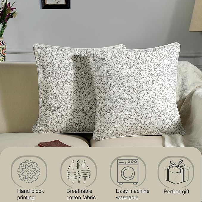 Ridhi Block Print Taupe Pillow Cover 18" x 18" (Pack of 2) Decorative Couch Pillows for Living Room, Farmhouse Chic Boho Cute Outdoor Pillows Covers Gifts for Spring, Mother's Day