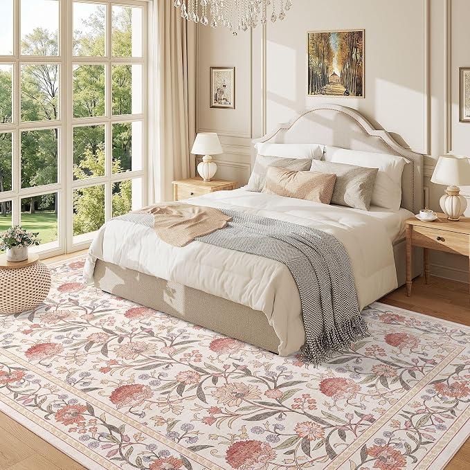 DUKINO 6x9 Area Rug Vintage Floral Washable Rugs for Living Room Beige Pink | Non Slip, Low Pile, Non-Shedding, Stain Resistant Soft Large Carpet for Bedroom Home Office Dining Room Farmhouse, Home Decor