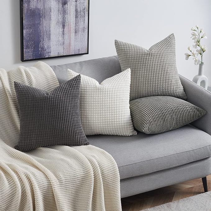 Topfinel 4 Packs Grey Decorative Throw Pillow Covers 26x26 Inch for Living Room Couch Bed Sofa, Boho Western Farmhouse Home Decor, Square Soft Moss Corduroy Fall Cushion Case 65x65 cm