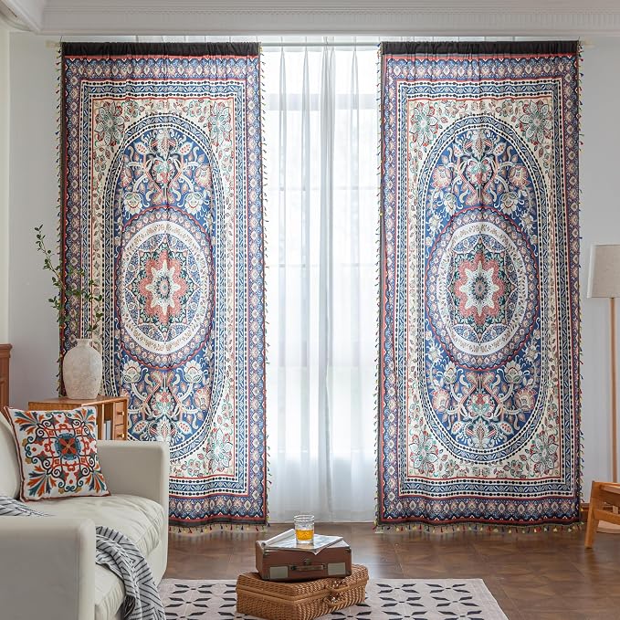 Multicolor Medallion Curtains 84 Inches Long, Boho Farmhouse Light Filtering Rod Pocket Drapes with Tassel Trim for Bedroom Living Room, 2 Panels