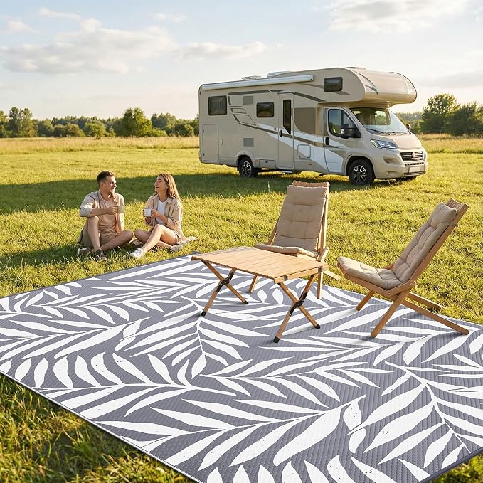 Smiry Outdoor Rug 6x9 ft, Waterproof Reversible Plastic Straw Rugs, Outdoor Area Rug with Leaf Pattern, Outside Floor Mat for Patio, Backyard, Deck, Picnic, Beach, Camping, Grey & White