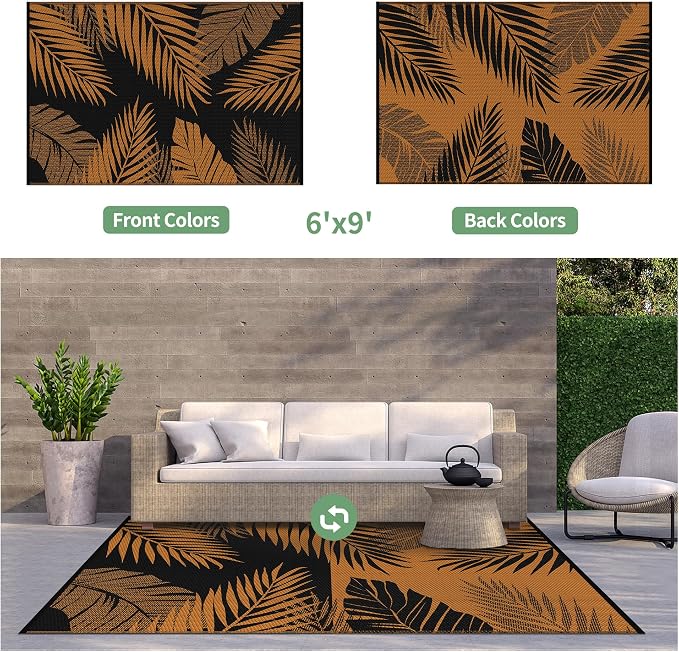 GENIMO Outdoor Rug, Waterproof Plastic Rugs for Patio, 6'x9' Orange Black | Outside Larger Leaf Carpet Mat for Porch Decor, Deck, Balcony, Camping, RV, Backyard, Picnic, Beach, Reversible, Foldable
