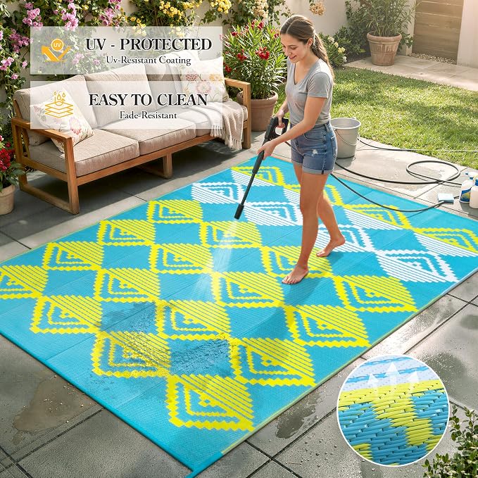 Beeiva Outdoor Rug 8x10 Waterproof for Patio, Reversible Outdoor Patio Rug for Backyard, Deck, Blue Yellow