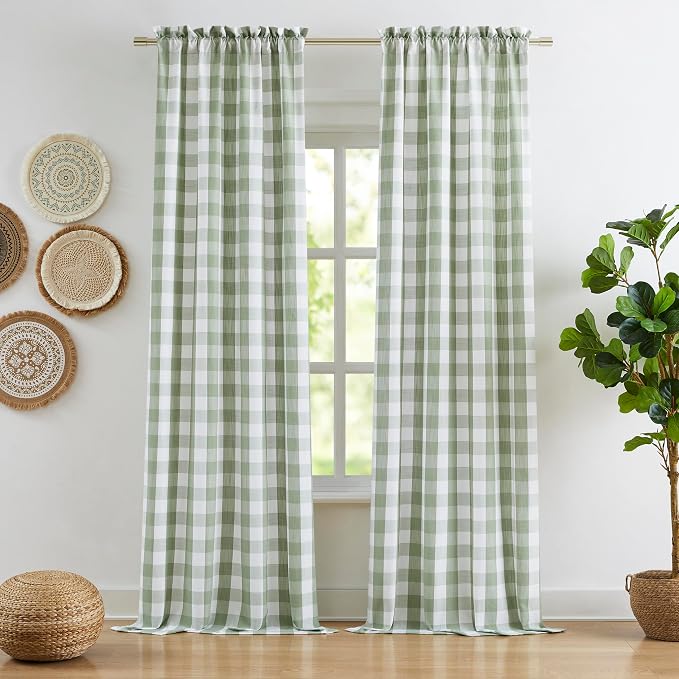 Semi Sheer Sage Green Buffalo Plaid Curtains 90 Inches Long | Gingham Checkered Panels,Yarn Dyed Fabric,Farmhouse Window Treatment for Bedroom Living Room,Rod Pocket,40"Wx90"L,2 Panels