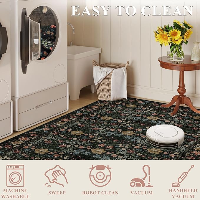 DUKINO 6x9 Area Rug, Vintage Floral Washable Rugs for Living Room, Black | Non Slip, Low Pile, Non-Shedding, Soft Indoor Large Carpet for Bedroom, Office, Dining Room, Farmhouse, Nursery, Home Decor