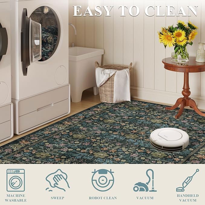 DUKINO 8x10 Area Rugs, Vintage Floral Washable Rug for Living Room, Blue | Non Slip, Low Pile, Non-Shedding, Stain Resistant, Aesthetic Soft Indoor Large Carpet for Bedroom, Dining Room, Farmhouse
