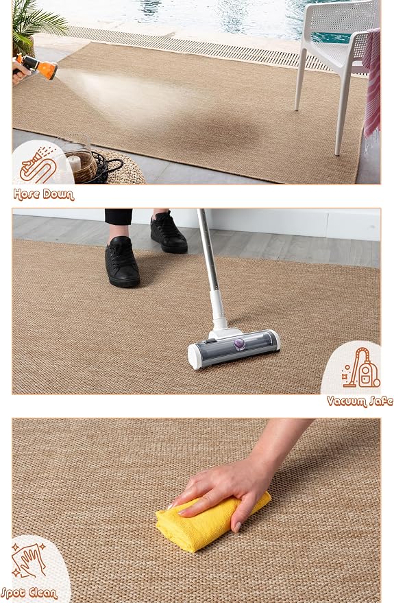 Angela Easy Jute Indoor Outdoor Rug, 4x6 Neutral Solid Jute Look, Polyester, Durable & Easy Care Outdoor Farmhouse Carpet for Patio, Porch, Living Room (4' x 6', Natural)