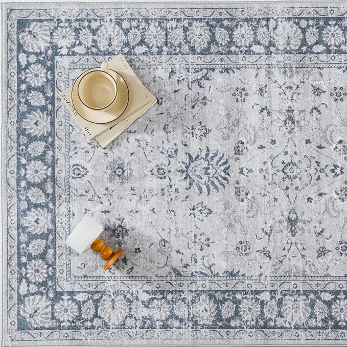 PureCozy 3x5 Area Rug Blue Washable Entryway Vintage Carpet Office Small Non Slip Stain Soft Resistant Low Pile Thin Boho Accent Indoor Throw Rug for Laundry Kitchen Bathroom Entrance Bedroom