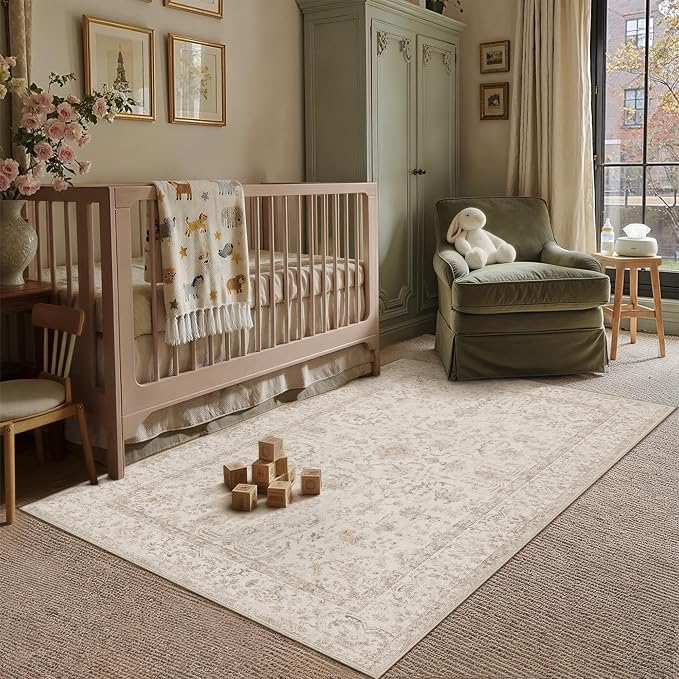 4x6 Beige Neutral Bedroom Area Rug | Washable, Low Pile, Accent, Vintage, Soft, Non Slip, Carpet for Living Room Dining Room Nursery Indoor Home Decor