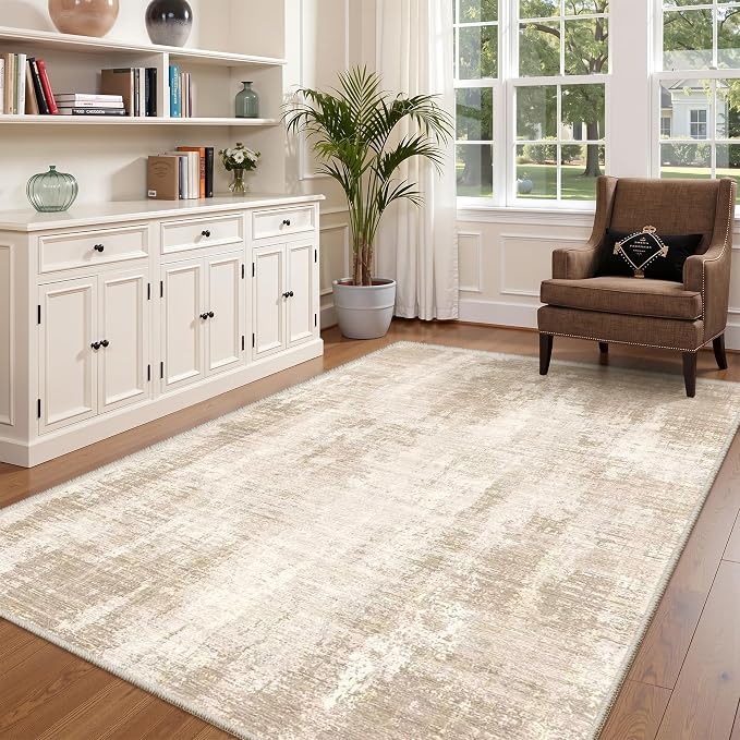 Valenrug Washable Rugs 5x7 - Stain Resistant 5x7 Area Rugs for Living Room, Non Slip Backing Abstract Rugs for Bedroom, Folable Machine Washable Area Rug(5'x7', Beige)