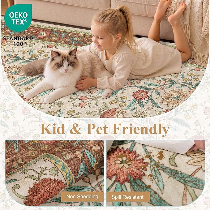 DUKINO 2.6x8 Runner Rug, Washable Vintage Floral Kitchen Runners Rug, Brown | Non Slip, Low Pile, Non-Shedding Soft Carpet for Hallway Bathroom Laundry Entryway Bedroom Farmhouse, Kids and Pets Friendly