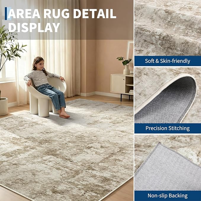 GarveeHome 10x14 Abstract Area Rug Neutral Washable Living Room Bedroom Rug | Abstract Low Pile Non Slip Rug Modern Floor Mat Carpet Indoor Accent Rug for Dining Room Playroom Nursery Home Decor