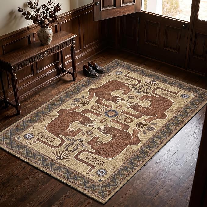 GarveeHome 3x5 Tiger Washable Area Rug for Entryway, Boho Bedroom Rug Non Slip Vintage Tribal Soft Animal Print Carpet Stain Resistant Throw Rug for Kitchen Dorm Kids Room Office Dining Room