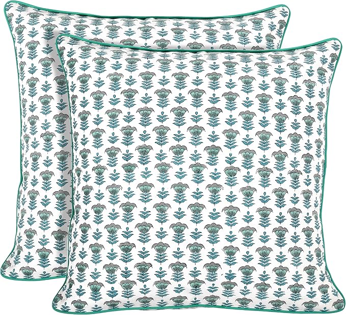 Ridhi Block Print Aquamarine Blue Pillow Cover 16" x 16" (Pack of 2) Decorative Couch Pillows for Living Room, Farmhouse Chic Boho Cute Outdoor Pillows Covers Gifts for Spring, Mother's Day