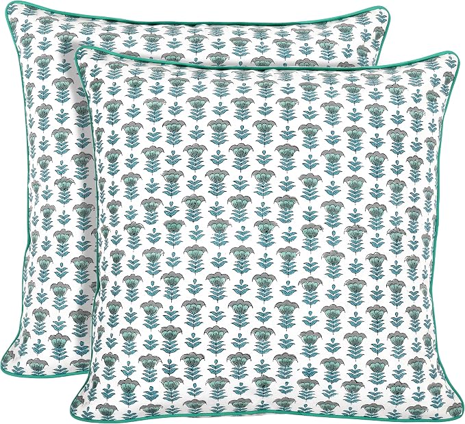 Ridhi Block Print Aquamarine Blue Pillow Cover 24" x 24" (Pack of 2) Decorative Couch Pillows for Living Room, Farmhouse Chic Boho Cute Outdoor Pillows Covers Gifts for Spring, Mother's Day