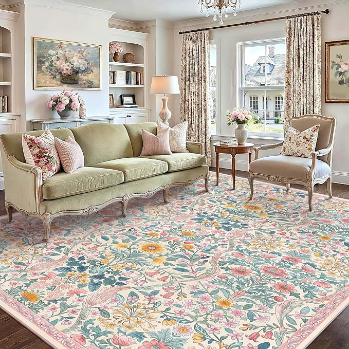 9x12 Pink Vintage Floral Area Rug,Washable Large Boho Living Room Rugs,Botanical Print Non-Slip Stain Resistant Lightweight Carpet for Bedroom Dining Room Nursery