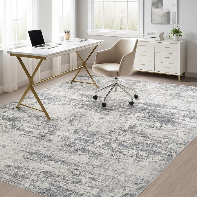 Abstract 10x14 Area Rug: Machine Washable Non Slip Ultra Thin Low-Pile Carpet, Soft Stain Resistant for Living Dining Room Bedroom, Kid Pet Friendly, Robot Vacuum Compatible - Beige Dark Grey
