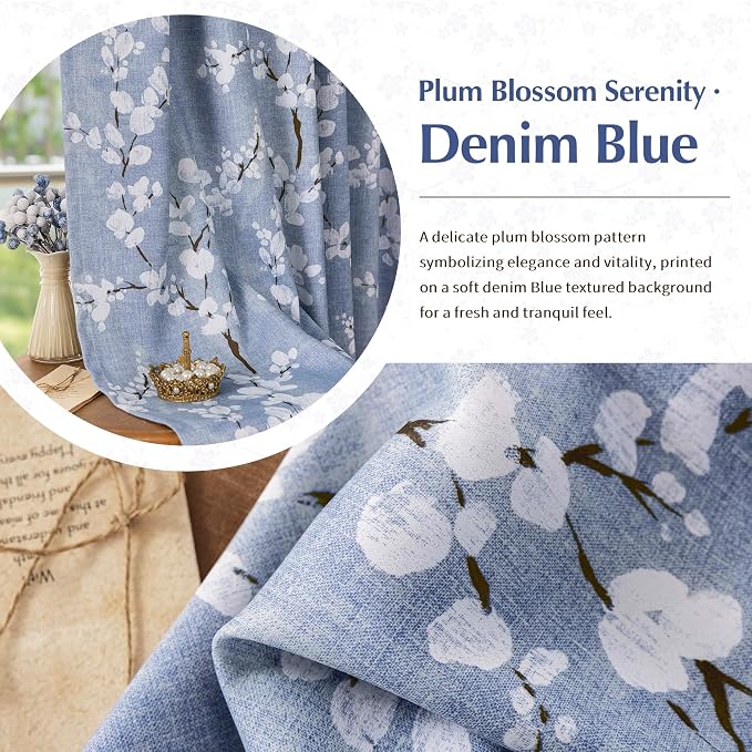 FMFUNCTEX 100% Blackout Blue Floral Curtains 84 Inch Long Grommet 2 Panels | Black Out Drapes, Thermal Insulated Cottage Farmhouse, Blossom Flower Patterned Curtain for Bedroom, Living Room Darkening