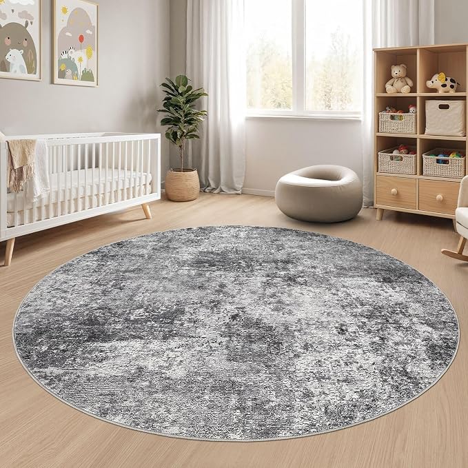 DMOYEST 5ft Round Area Rug Living Room Rugs - 5x5 Washable Large Soft Indoor Neutral Modern Abstract Low Pile Rug Carpet for Bedroom Dining Room Farmhouse Home Office - Grey