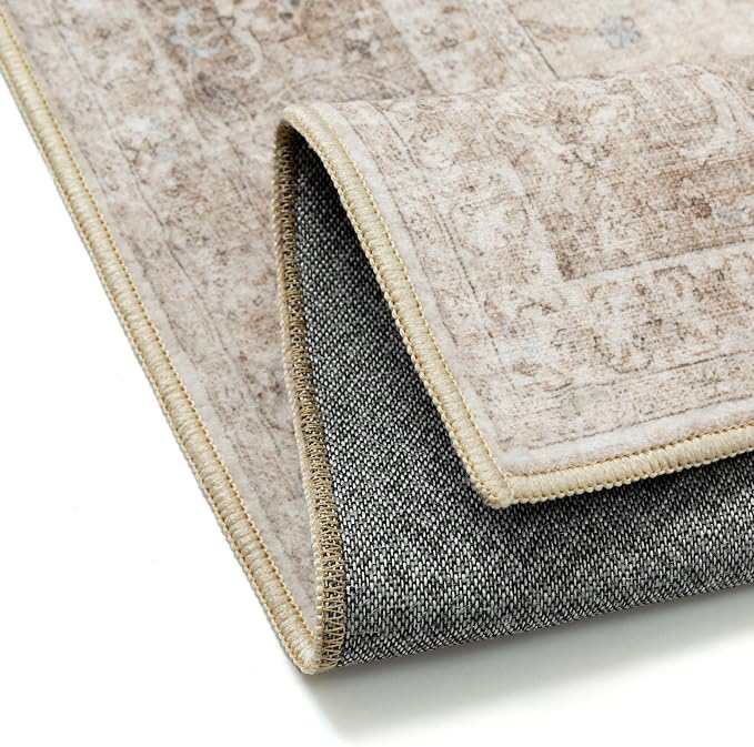 PureCozy 2x6 Washable Runner Rug Beige Vintage Traditional Oriental | Non Slip, Soft Low Pile, Hallway Carpet for Kitchen, Entryway, Laundry Room, Distressed Retro Decor