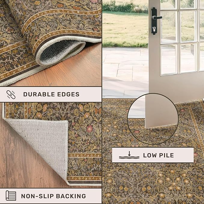 Washable Brown Oriental 5x8 Area Rug for Living Room, Dining Room, Low Pile Non-Slip Floor Carpet for Bedroom - Vintage Floral Design & Stain Resistance