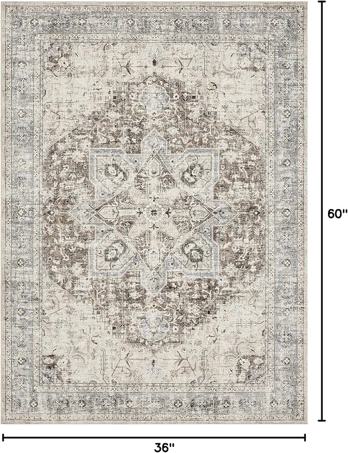 Tortania Area Rug Living Room Rugs - 3x5 Washable Boho Rug Vintage Oriental Distressed Farmhouse Small Thin Indoor Carpet for Living Room Bedroom Under Dining Table Home Office - Brown Blue