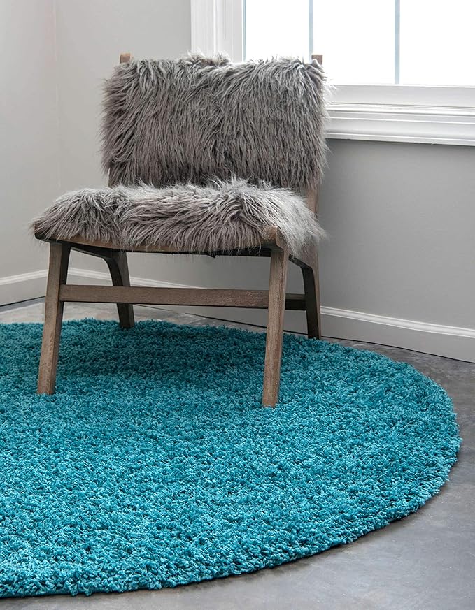 Unique Loom Solid Shag Collection Area Rug (6' 1" Round, Deep Aqua Blue) | Modern solid area rug for dining room, entryway & bedroom. Stain-resistant, easy-care, kid & pet friendly