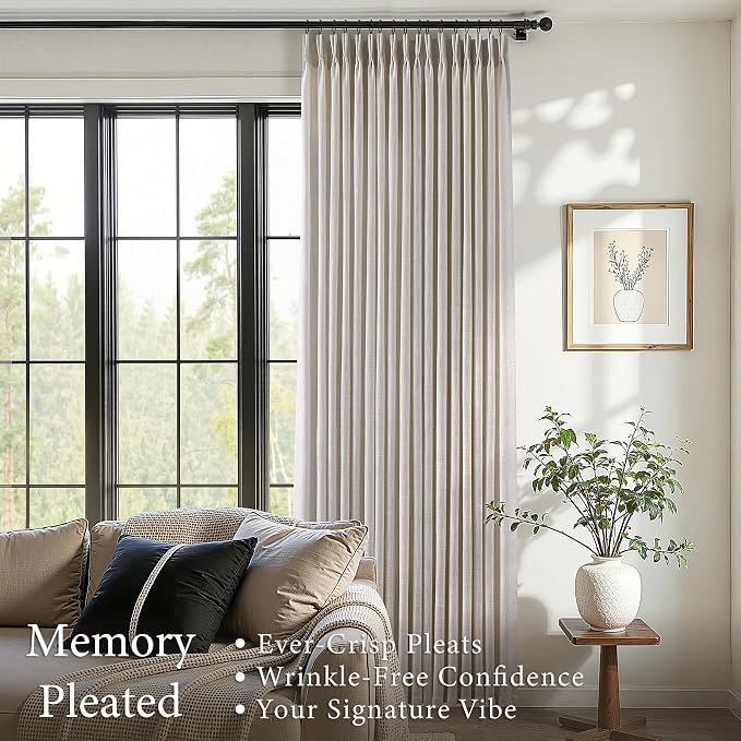 Pinch Pleated Linen Curtains 90 Inches Long 2 Panels for Living Room Bedroom Light Filtering Curtain Memory Shape Trained Pinch Pleat Thick Linen Drapes Back Tab with Hooks Clip Rings Taupe