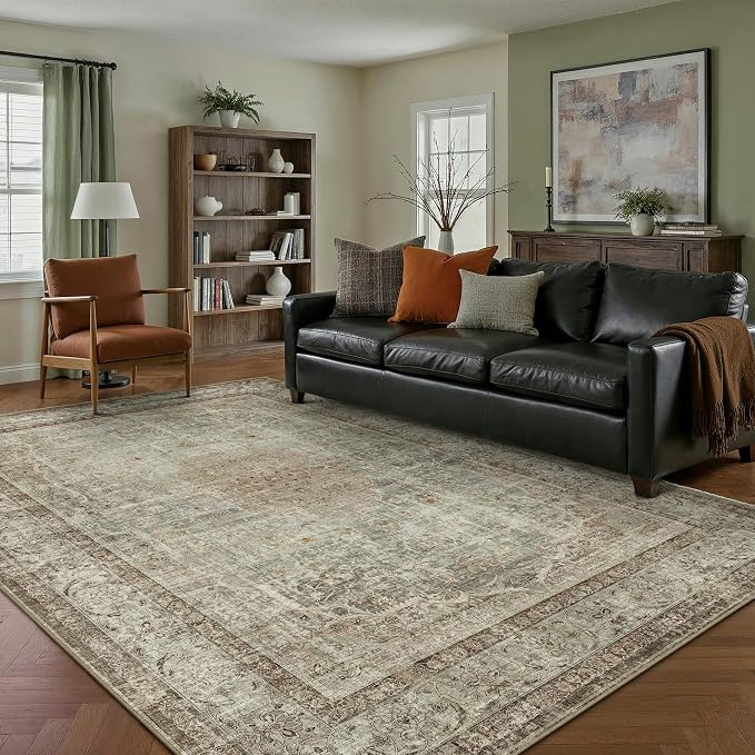 PureCozy 6x9 Area Rug Washable Sage Vintage Traditional Oriental | Non Slip, Soft Low Pile, Indoor Carpet for Living Room, Bedroom, Dining Room, Distressed Retro Decor