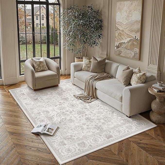 PureCozy 5x7 Gray Living Room Area Rug Vintage Washable Non Slip Indoor Carpet Distressed Low Pile Soft Retro Accent Throw Grey Rug for Bedroom Dining Room Kitchen Office